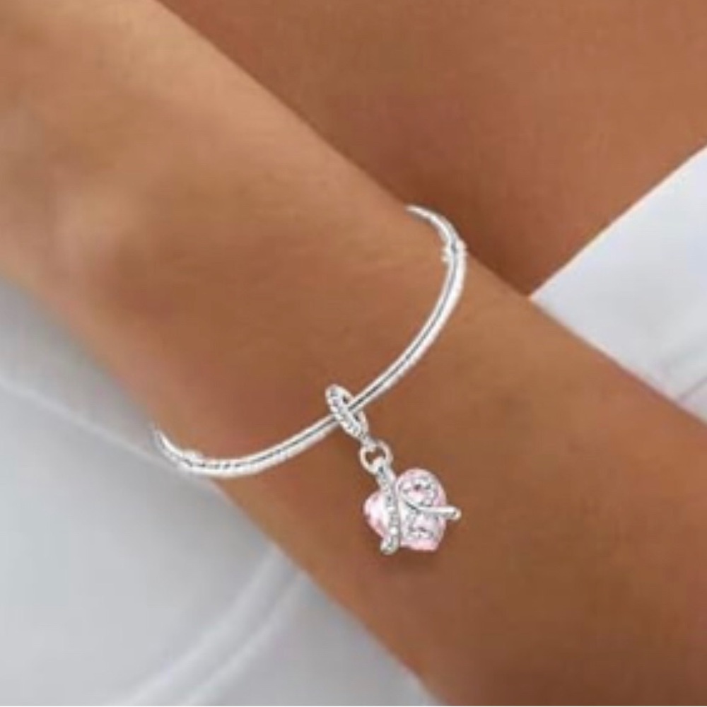 "I Love you Forever"  Silver and Pink Heart Pendant Bracelet
